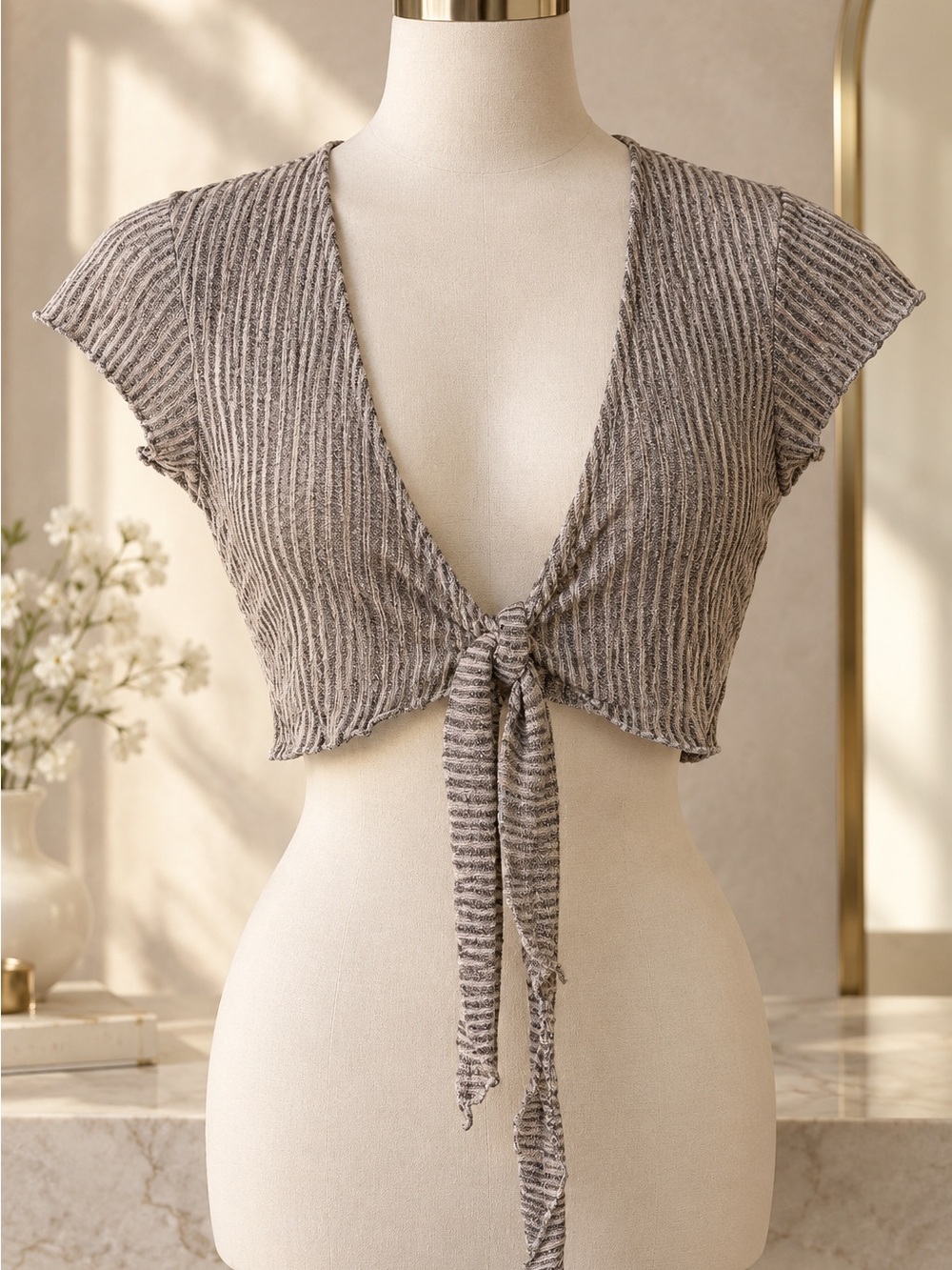 Striped Tie-Front Crop Top in Taupe Heather